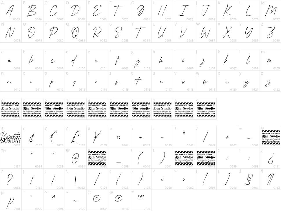 Brighter Sunday Character Map