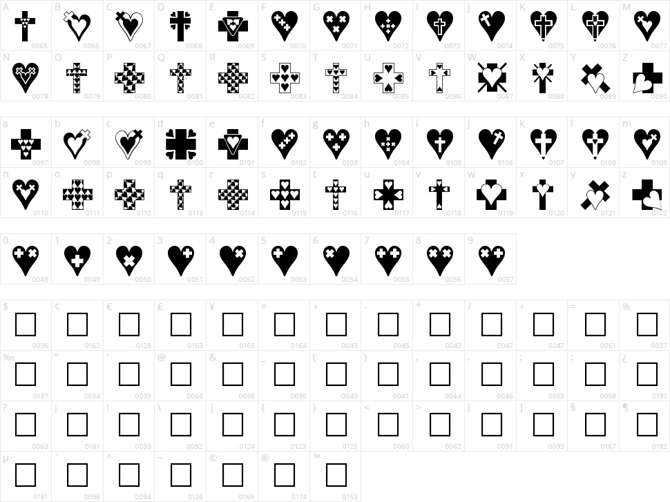 Crosses n Hearts Character Map