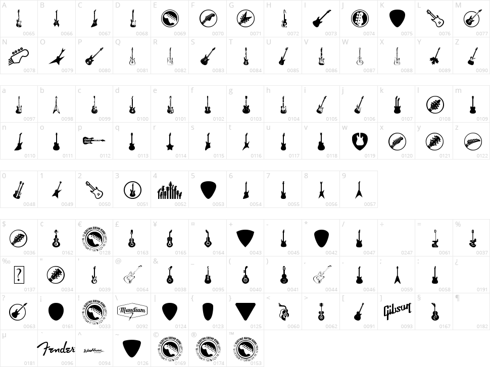 Electric Guitar Icons Character Map