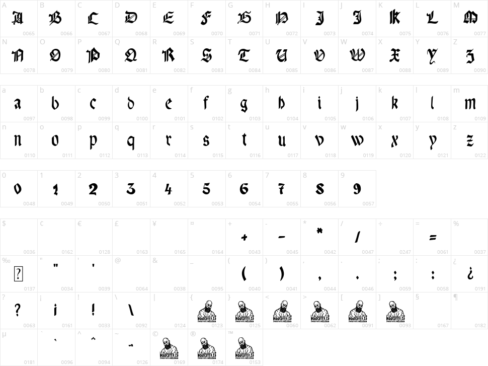 Gotica Prime Character Map
