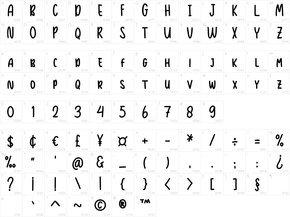Kiddos Handmade Serif Character Map
