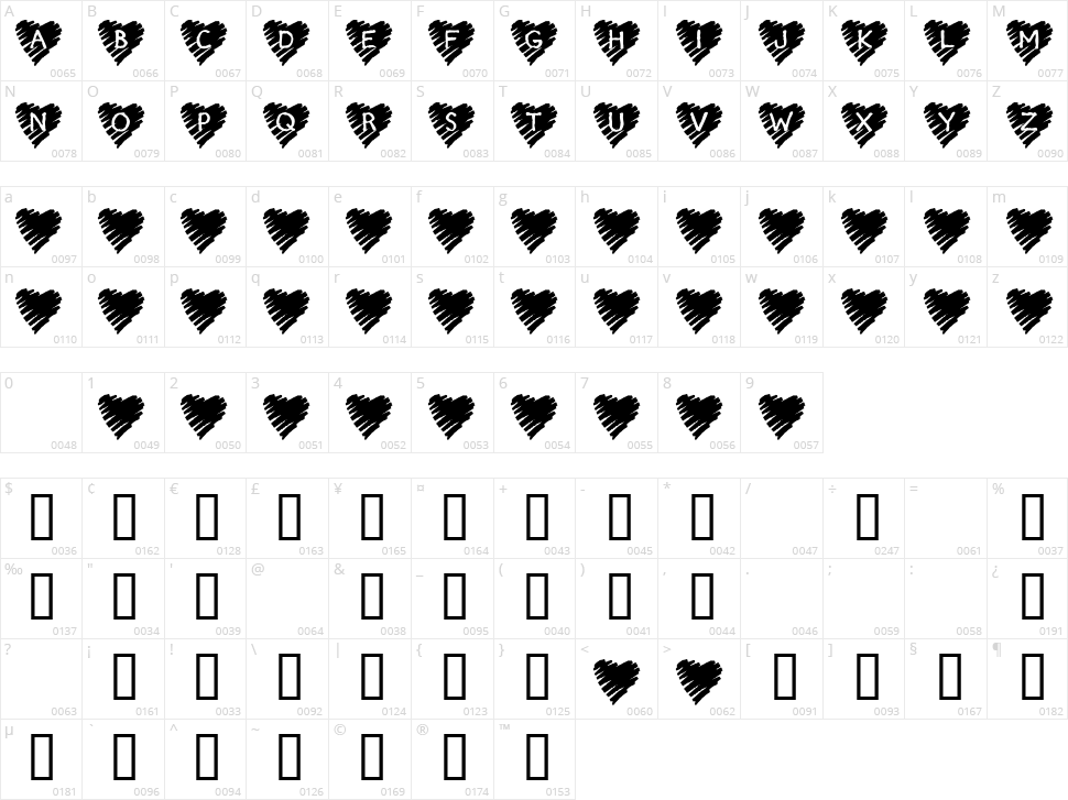 KR Scribble Heart Character Map