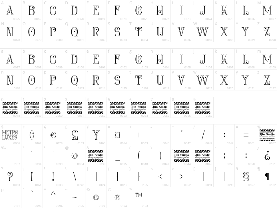 Metro Luxes Character Map