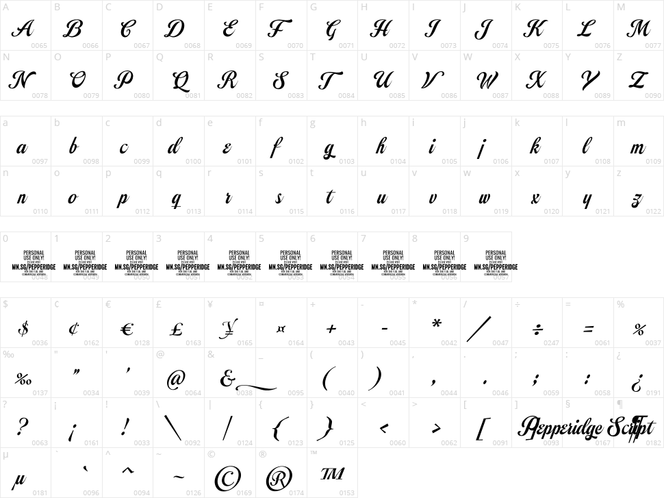 Pepperidge Script Character Map