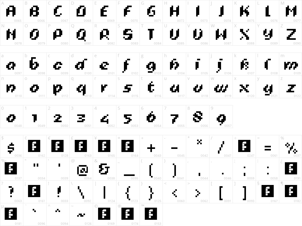 Pixelig Cursief Character Map