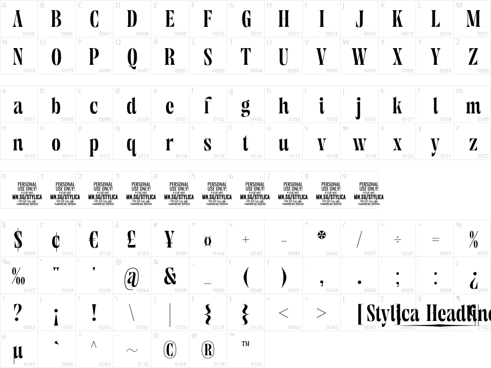 Stylica Headliner Character Map