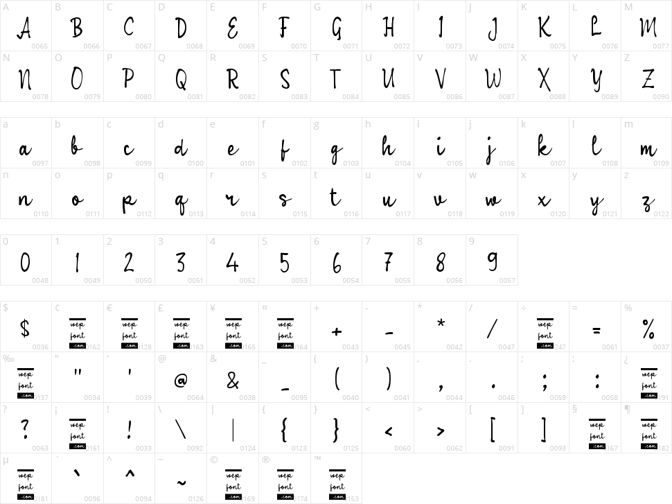 Vasha Script Character Map