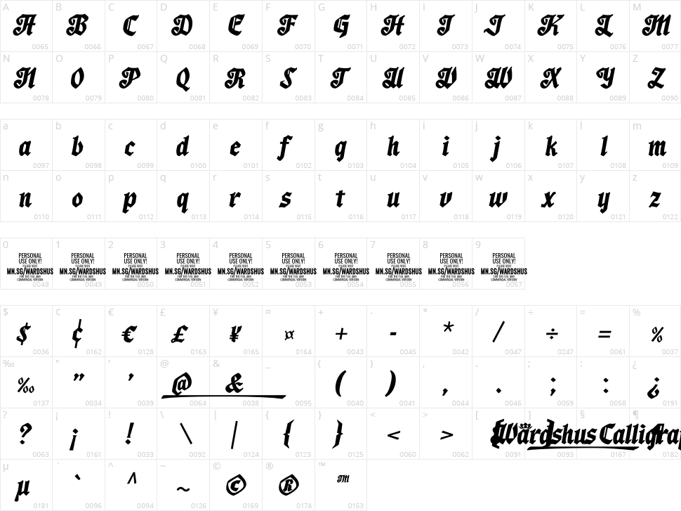 Wardshus Calligraphy Character Map
