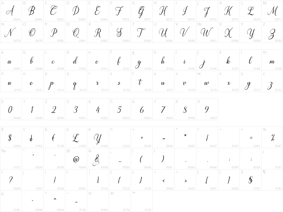 White Crystal Script Character Map